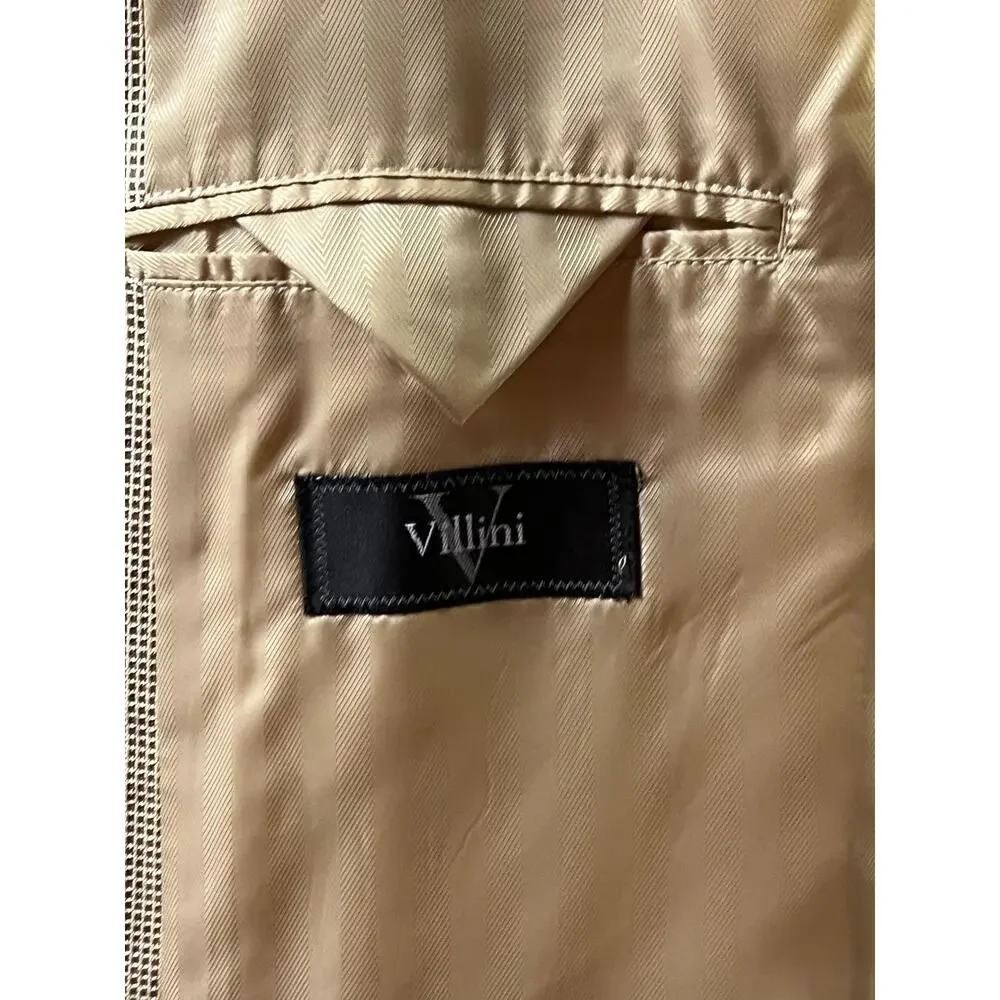 VTG Villini SK Famous Brands Jacket 42L Beige Checkered Blazer Silk‎ Wool Modern
